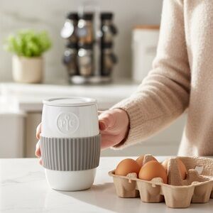 Pampered Chef Microwave Egg Cooker White Ceramic Mug with Gray Silicone Grip EUC